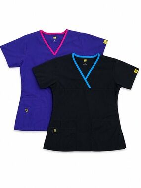 WonderWink Origins Charlie 5-Pocket Y-Neck Wrap Scrub Top Set XS Black Purple
